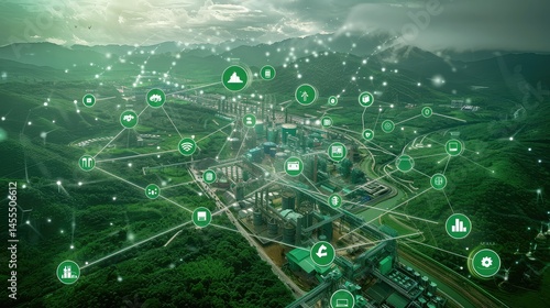 Aerial view of industrial complex interconnected by a network.