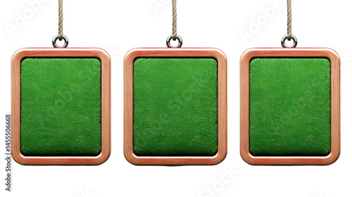 Three Green Glitter Boards Hanging With Wooden Frames Isolated on Black Background