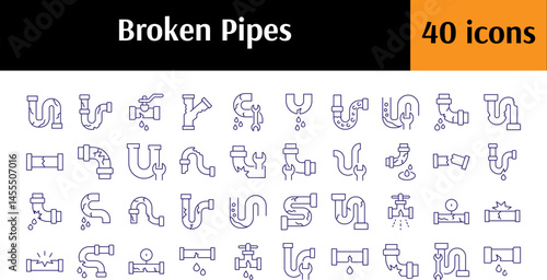 Broken Pipes Related Line Icons for Web Sites, Books, Cards, Apps. Editable Stroke. Perfect for Web Sites, Books, Cards, Apps