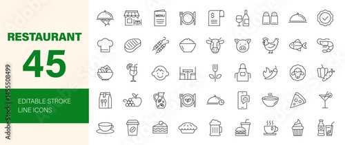Restaurant icon set. Containing menu, food, drink, wine, cooking, eating, coffee, salad, breakfast, dinner, pizza, cocktail, vegetarian meal and more. Editable line icons. Vector illustration.