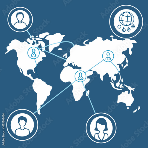 Time zone map with overlapping meeting schedules for global teams, remote coordination concept, vector, blue background