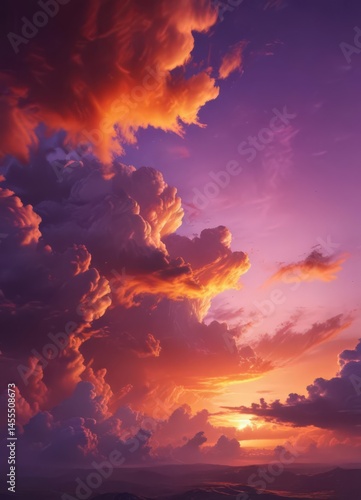 Fiery orange and purple clouds bleed across a vibrant, textured sunset sky , scene, orange