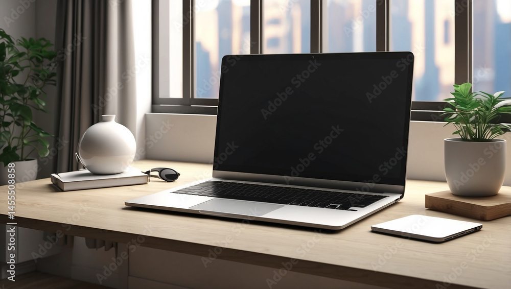 Sleek Laptop on a Modern Desk with a Blank Screen Ready for Creativity Sleek Laptop on a Modern Desk with a Blank Screen Ready for Creativity