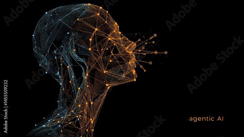 blue and orange flat vector icon for agentic AI abstract human silhouette connected to multiple satellite nodes, clean line art Agentic AI