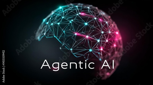 digital 3D network of AI agents glowing nodes and connecting lines forming a sphere, dark background, neon cyan and magenta Agentic AI