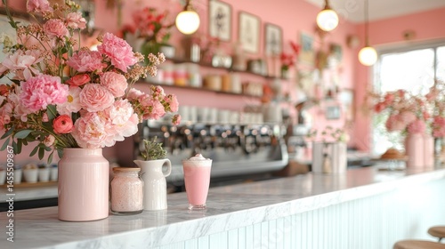 Pink cafe interior with floral decor