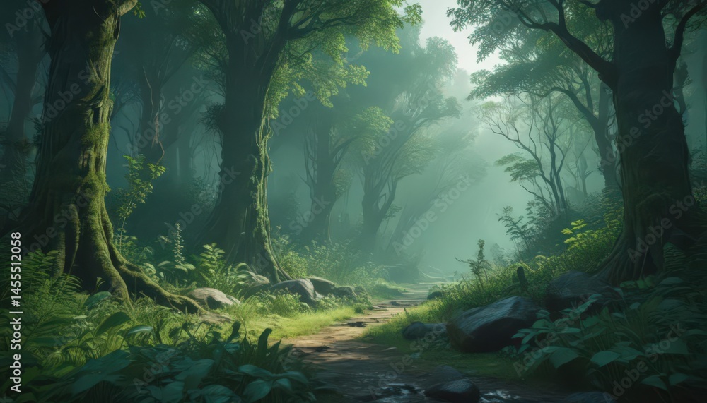 Fototapeta premium Deep emerald hues, indistinct shapes, mystical overgrown forest scene , mysterious, diffuse light, trees
