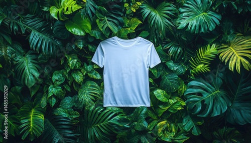 Fototapeta Naklejka Na Ścianę i Meble -  White t-shirt lies flat amongst lush, green jungle foliage. Showcase apparel or eco-friendly, sustainable business models.
