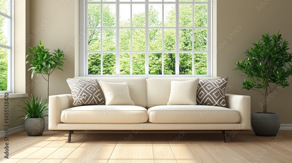 A tranquil living room interior with natural light. A tranquil living room interior with natural light.