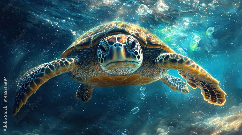 Fototapeta premium Sea turtle surrounded by plastic debris