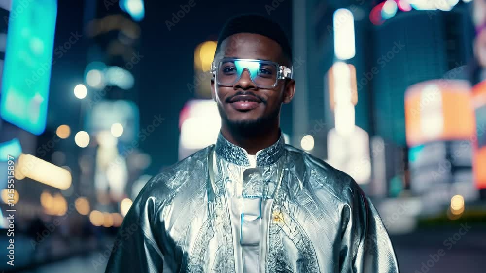 The camera slowly zooms in as a young nigerian man in agbada walks confidently, facing the camera, along a futuristic city street at night The camera slowly zooms in as a young nigerian man in agbada walks confidently, facing the camera, along a futuristic city street at night