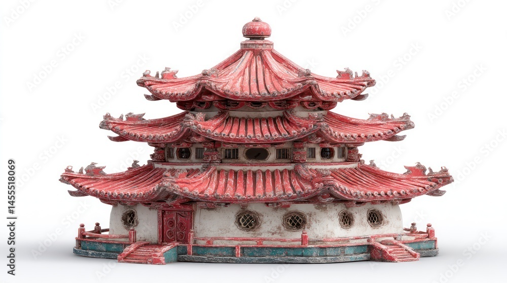 Naklejka premium Traditional MultiTiered Structure with Intricate Roof Design and Weathered Texture for Histori