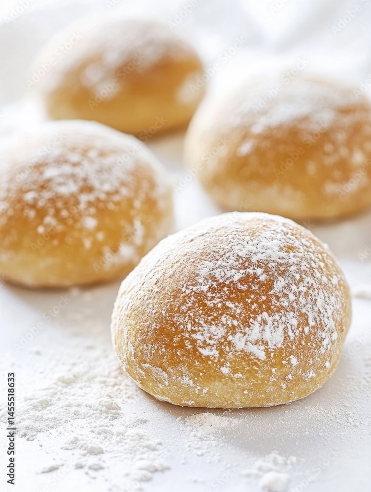 Golden brown buns dusted with powdered sugar on a white surface in soft natural light Golden brown buns dusted with powdered sugar on a white surface in soft natural light