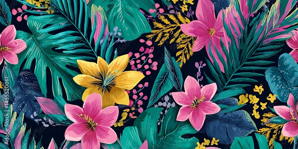 A vibrant and colorful pattern featuring tropical leaves, flowers, and foliage in shades of pink, green, yellow, teal, and navy blue on a dark background. A vibrant and colorful pattern featuring tropical leaves, flowers, and foliage in shades of pink, green, yellow, teal, and navy blue on a dark background.