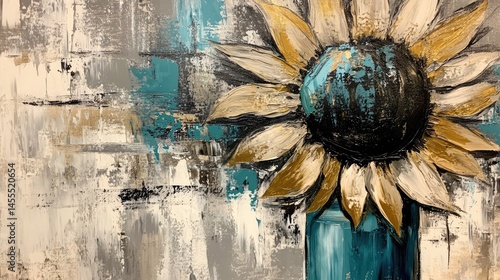 Abstract floral painting of a sunflower in a teal vase.