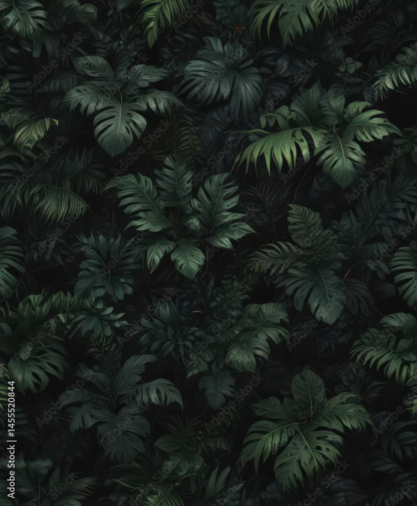 Fototapeta premium Intricate black & dark green tropical foliage wallpaper, seamless, texture, repeat