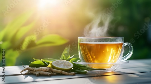 Lemongrass tea steaming in a transparent glass teacup beside sliced roots