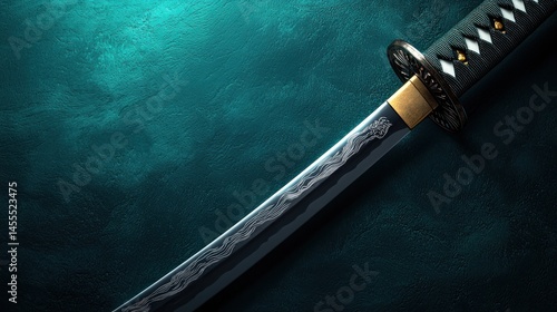 Sharp katana blade on teal surface