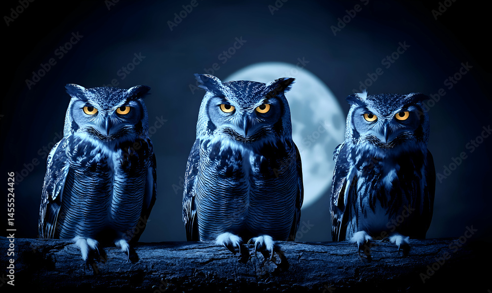 Fototapeta premium Three majestic owls perched on a branch under a mystical full moon, creating a captivating nighttime scene.