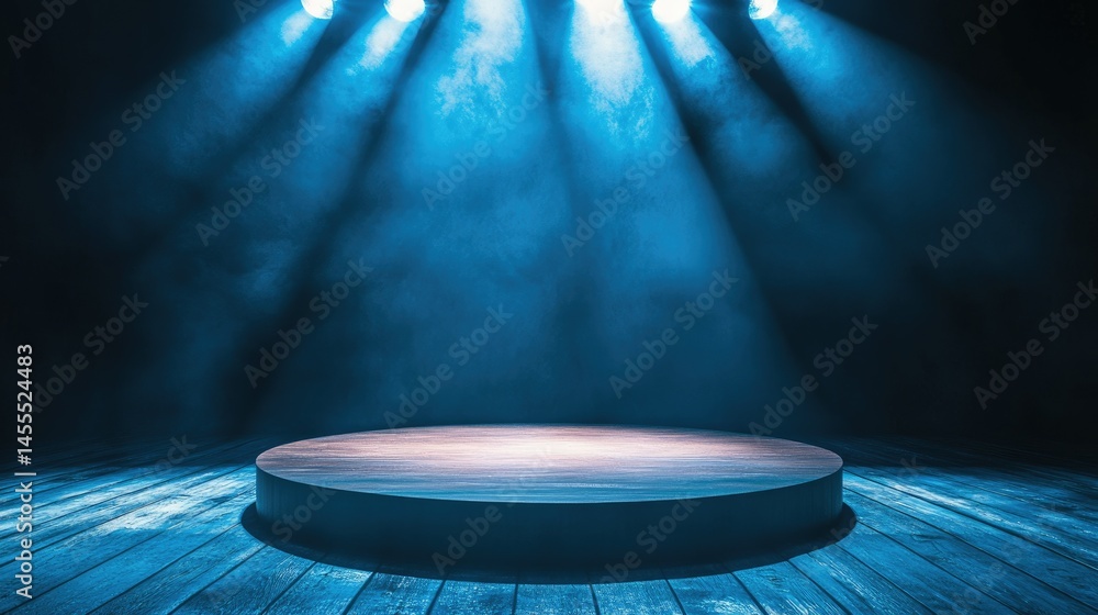 Obraz premium Moody Blue Stage: Circular Wooden Platform under Dramatic Lighting