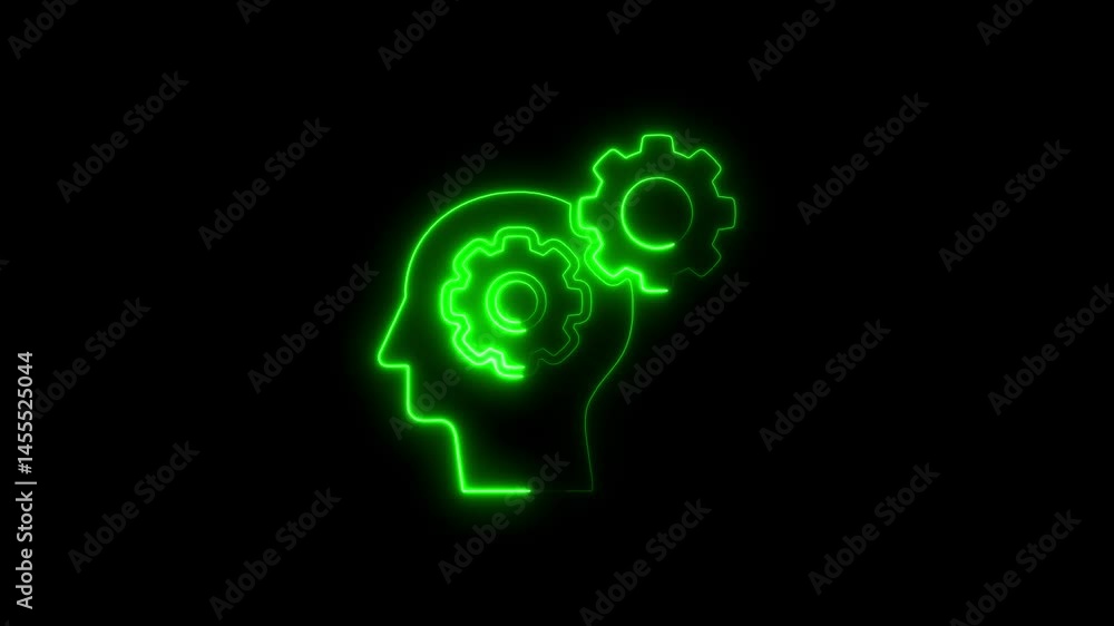 Animated green neon human head silhouette with gear mechanisms on black background Animated green neon human head silhouette with gear mechanisms on black background