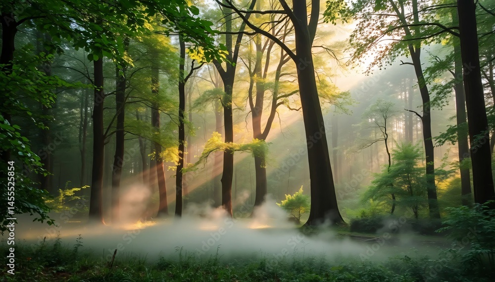 Obraz premium Sunbeams Filtering Through a Serene Forest on a Misty Morning