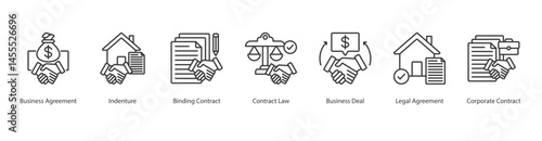 Corporate Contracts web banner icon sheet vector business agreement, indenture, binding contract, contract law, business deal, legal agreement, corporate contract