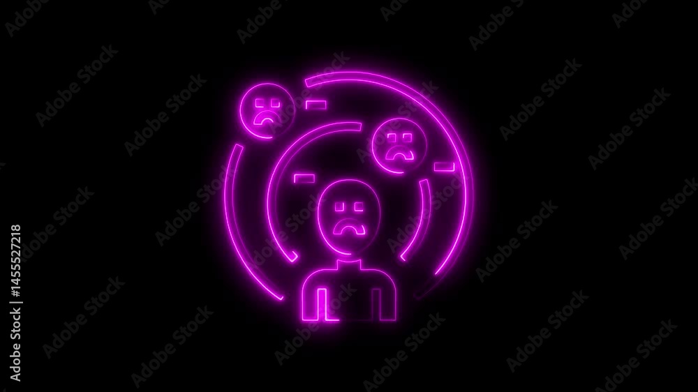 Neon animation depicting sadness and mental health icon on a black background Neon animation depicting sadness and mental health icon on a black background