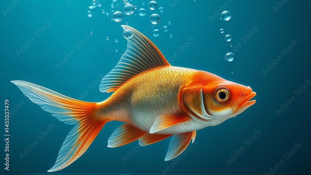 Vibrant Goldfish Swimming Underwater with Air Bubbles on Blue Background, High-resolution image of a brightly colored goldfish swimming gracefully underwater, surrounded by air bubbles. Vibrant Goldfish Swimming Underwater with Air Bubbles on Blue Background, High-resolution image of a brightly colored goldfish swimming gracefully underwater, surrounded by air bubbles.