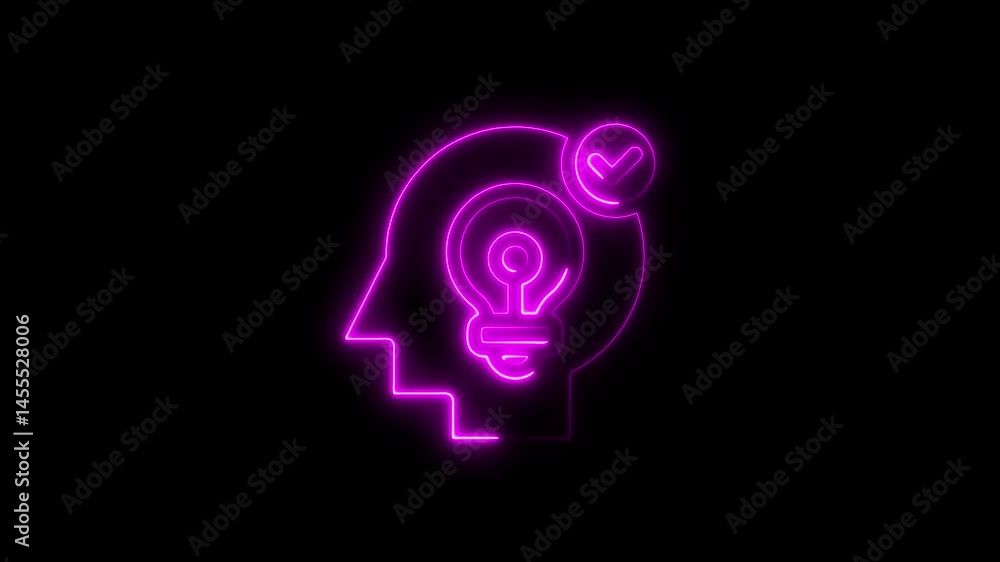 Glowing neon idea generation brain illustration with approved checkmark on dark background Glowing neon idea generation brain illustration with approved checkmark on dark background