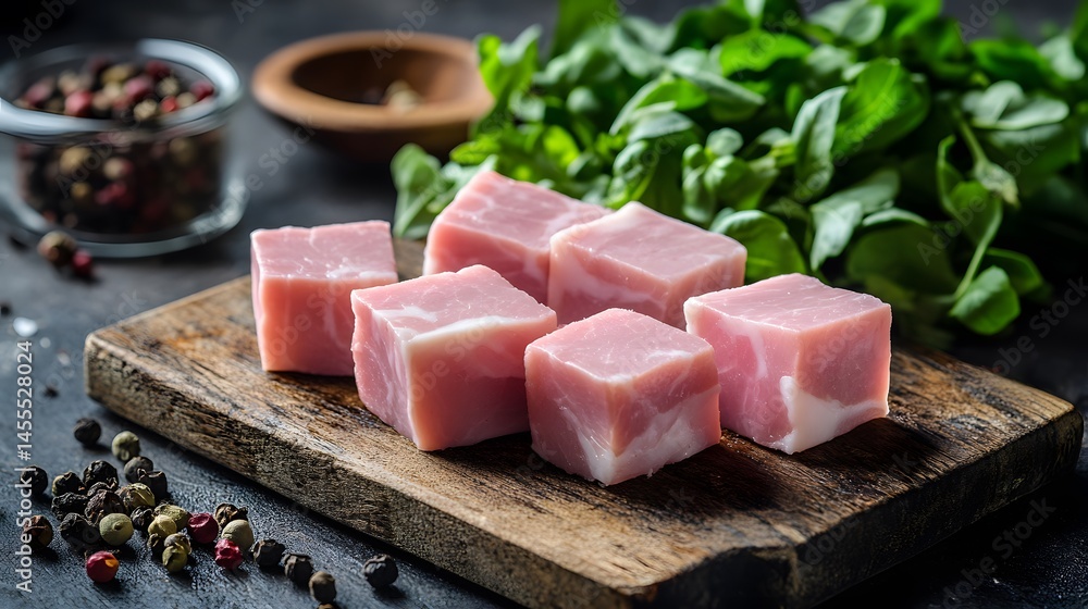 Fresh, cubed meat on a wooden cutting board. Fresh, cubed meat on a wooden cutting board.