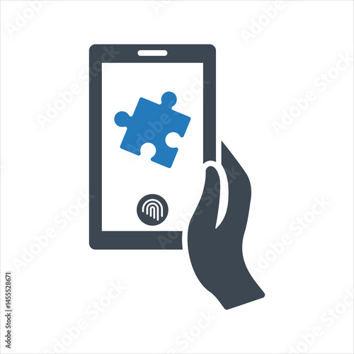Puzzle application in a Mobile phone icon. Mobile app, puzzle piece icon