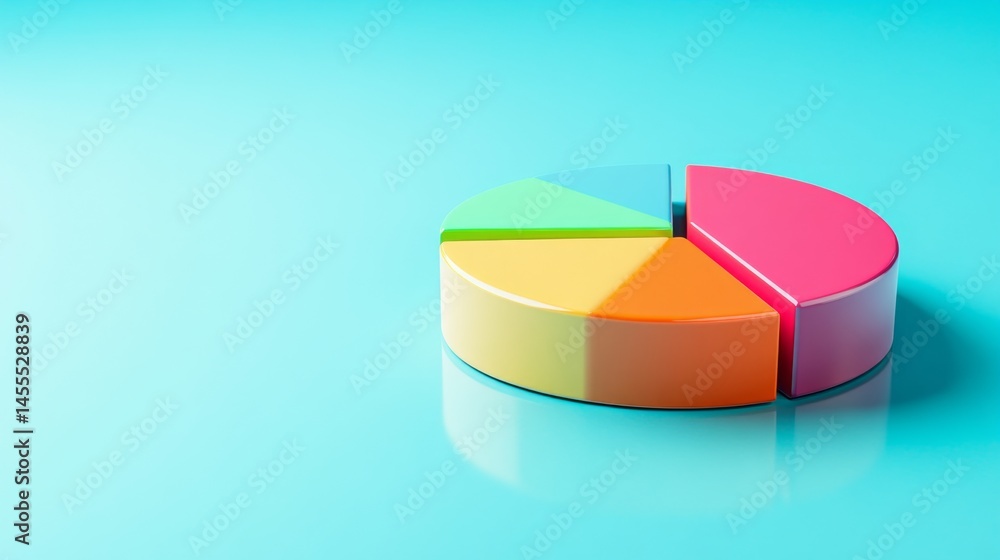 Obraz premium Minimal D pie chart with vibrant color wedges and a subtle reflection on a clean flat surface
