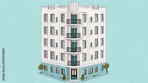 Modern minimalist architecture apartment building exterior design isometric pixel art illustration facade residential urban cityscape