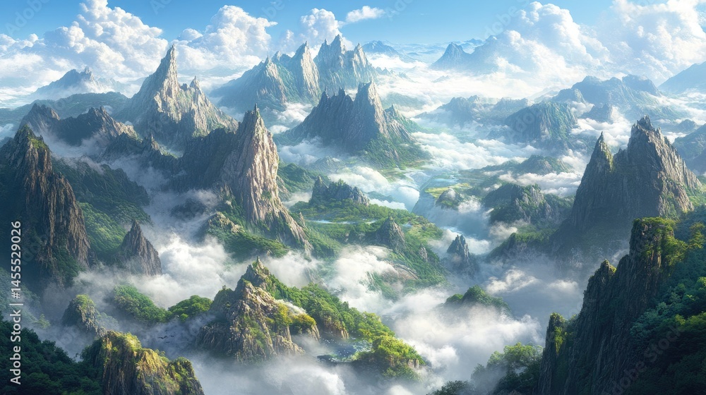 Naklejka premium Majestic mountain peaks piercing through ethereal clouds, scenic vista