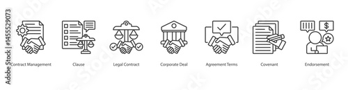 Legal Agreements banner web icon vector contract management, clause, legal contract, corporate deal, agreement terms, covenant, endorsement