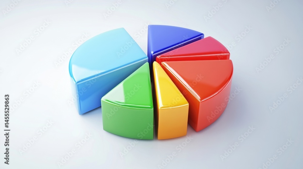 Fototapeta premium Simple D pie chart with glossy parts fanned apart slightly to show detail, placed on a neutral base