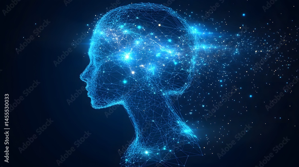 Futuristic glowing figure. Neural network concept. Depicts intelligence, connection, and technology. Abstract Digital low-poly wireframe connected dots in dark blue Futuristic glowing figure. Neural network concept. Depicts intelligence, connection, and technology. Abstract Digital low-poly wireframe connected dots in dark blue