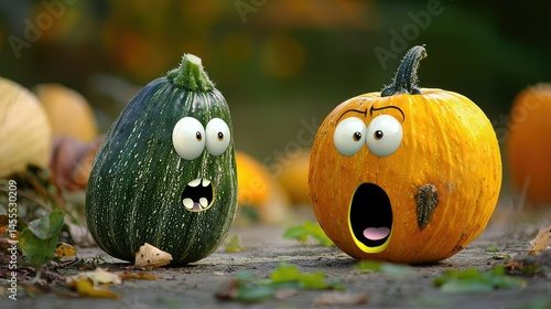 An excited squash bouncing around, knocking into a skeptical cucumber, who rolls its eyes in exasperation.