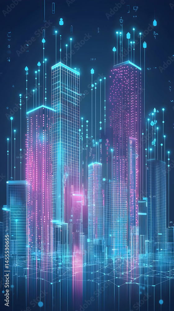 Futuristic city skyline, digital data streams, glowing buildings, night scene, tech concept illustration Futuristic city skyline, digital data streams, glowing buildings, night scene, tech concept illustration