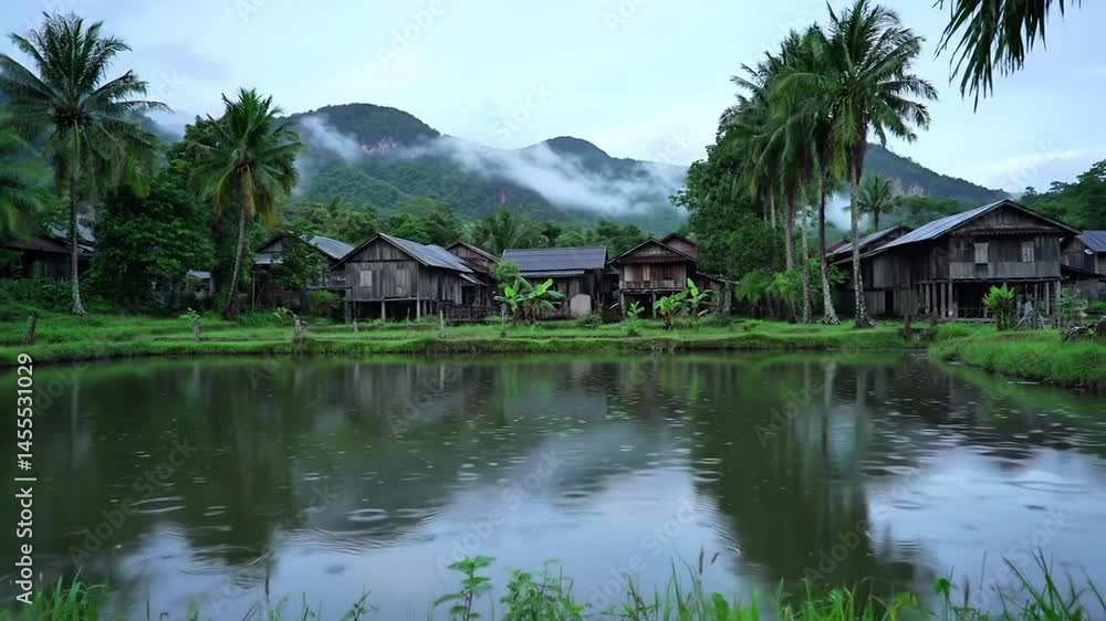 tropical resort with palm trees. Wooden hut resorts in an island surrounded by palm trees. A beautiful tropical landscape with a large body of water and palm trees. tropical resort with palm trees. Wooden hut resorts in an island surrounded by palm trees. A beautiful tropical landscape with a large body of water and palm trees.