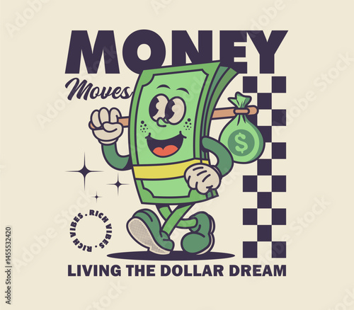 Retro cartoon character of money in a colorful vector illustration, perfect for graphic t-shirt prints, posters, or vintage-themed designs