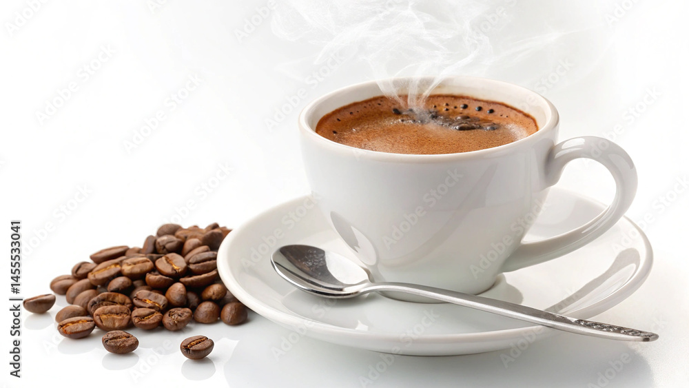 Fototapeta premium Artisanal Coffee Cup with Beans on White Background