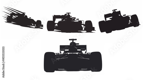 Silhouette set of Fast Formula 1 motorsport car vector illustrated front view silhouette shadows front