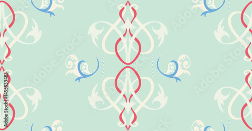On a bluish-green background, there are stylized plants of milky, red, blue tones, reminiscent of ancient Russian painting.