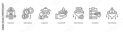 Evaluation web banner icon sheet vector of evaluation, optimization, judgment, cost benefit, data filtering, evaluation, risk filtering