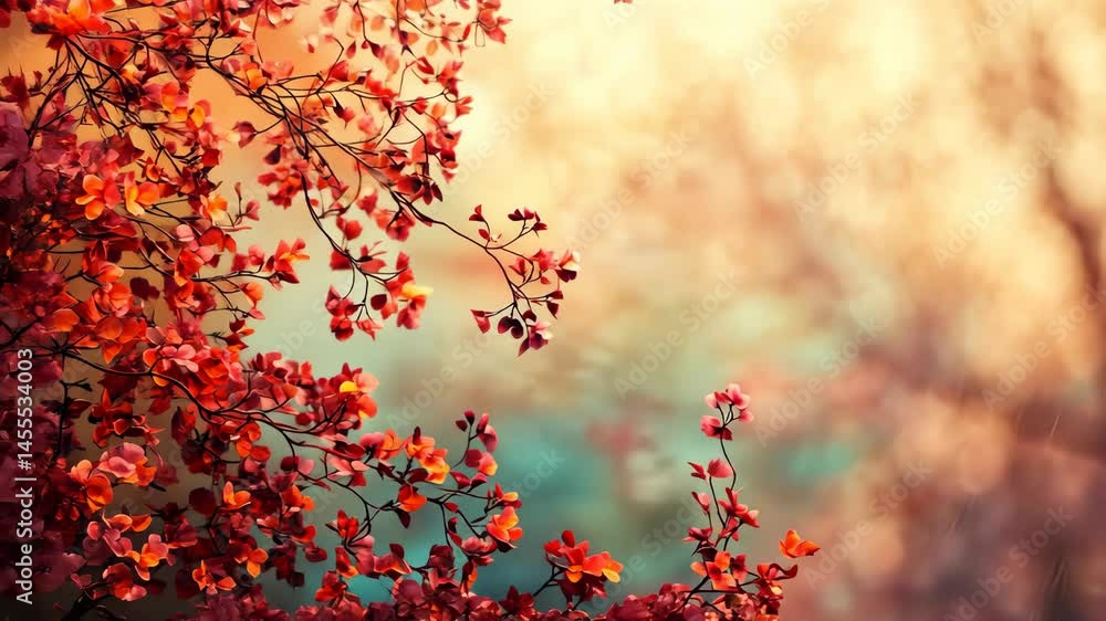 Autumn leaves branch extending into bokeh, nature background, serene and colorful Autumn leaves branch extending into bokeh, nature background, serene and colorful