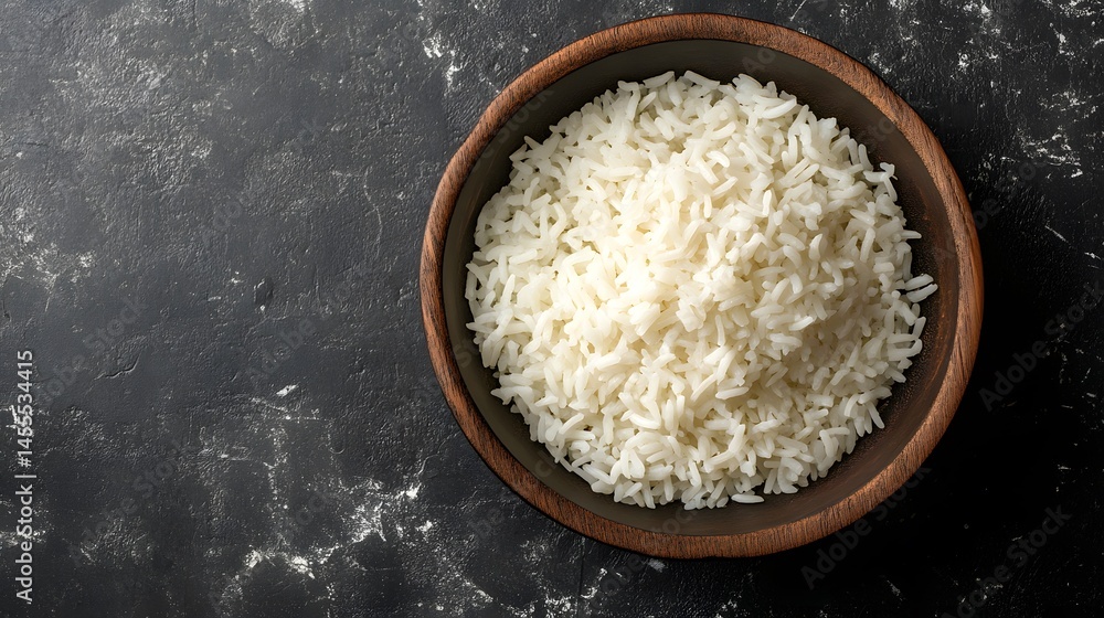 Cooked white rice in a rustic bowl on a dark surface. Cooked white rice in a rustic bowl on a dark surface.