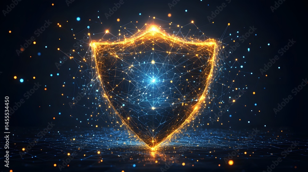 Futuristic shield of interconnected nodes symbolizes data protection and cybersecurity. Golden edges highlight a tech-driven defense system. Abstract Digital low-poly wireframe connected Futuristic shield of interconnected nodes symbolizes data protection and cybersecurity. Golden edges highlight a tech-driven defense system. Abstract Digital low-poly wireframe connected
