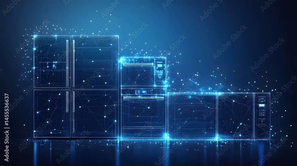 Obraz premium Futuristic kitchen appliances rendered as interconnected wireframes against a dark blue backdrop, creating a digital blueprint aesthetic. Abstract Digital low-poly wireframe